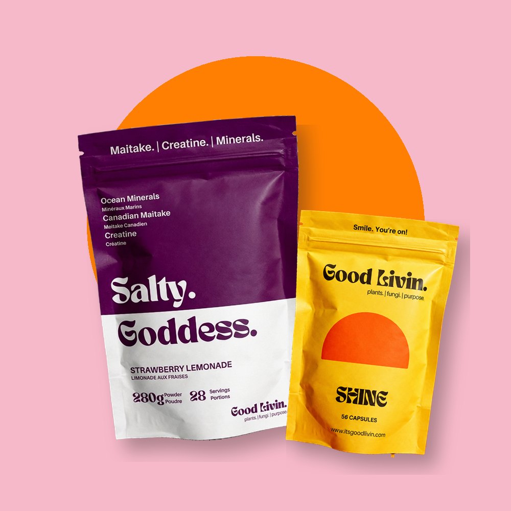 A bag of Salty Goddess Strawberry Lemonade and a smaller bag of Shine on pink with an orange sun